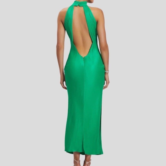 Meshki Claire Green Satin Drape Back Maxi Dress with Split - Picture 2 of 11